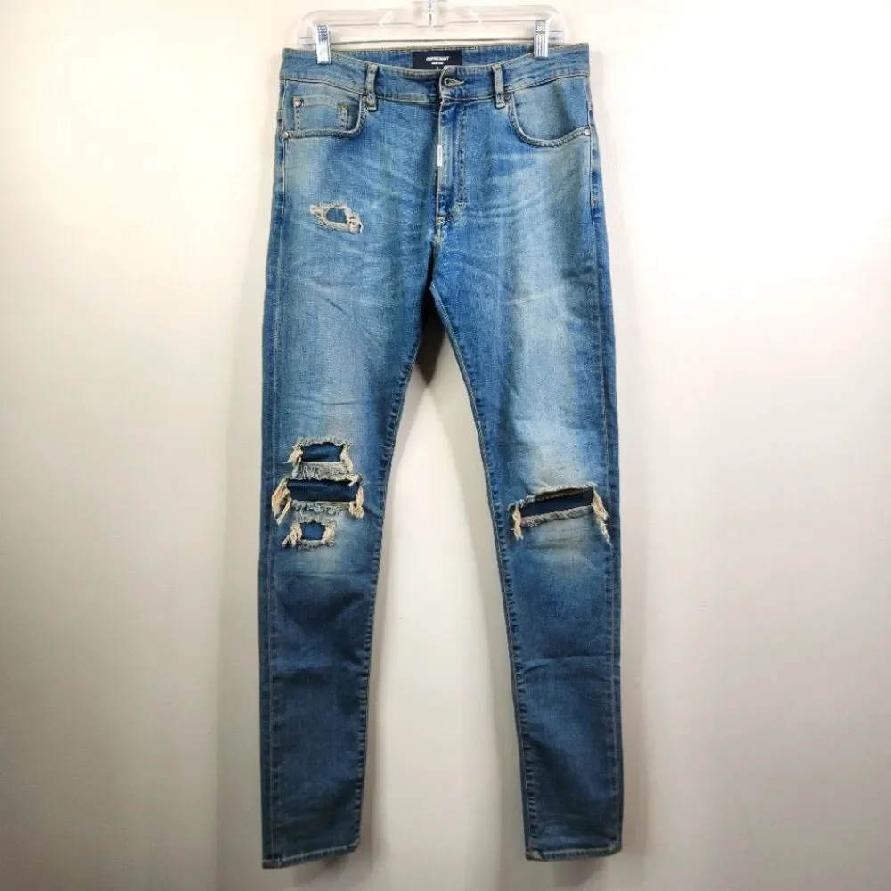 Represent Mens Underwork Denim Light Indigo Distressed Skinny Jeans 34